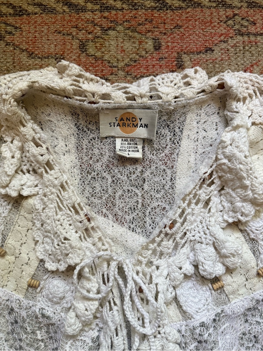 Vintage Sandy Starkman Lace Crochet Tie-Front Boho Top in Cream - Picture 3 of 5